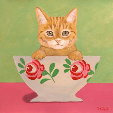 Gemälde Chat roux dans un bol vintage von Sally B | Gemälde Art brut Acryl Stillleben, Tiere
