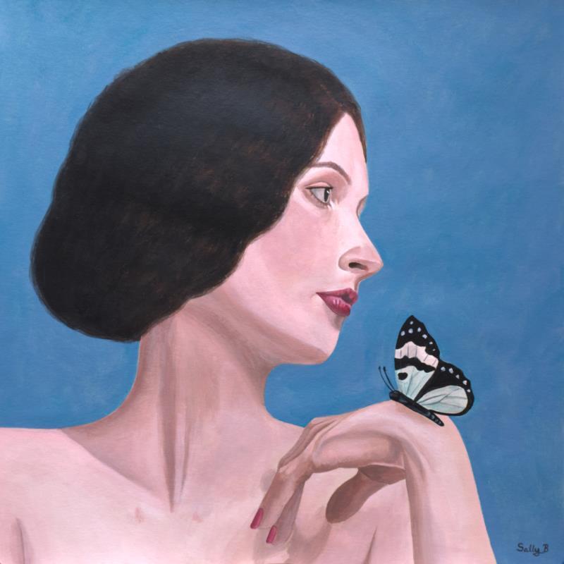 Gemälde Femme avec papillon vert von Sally B | Gemälde