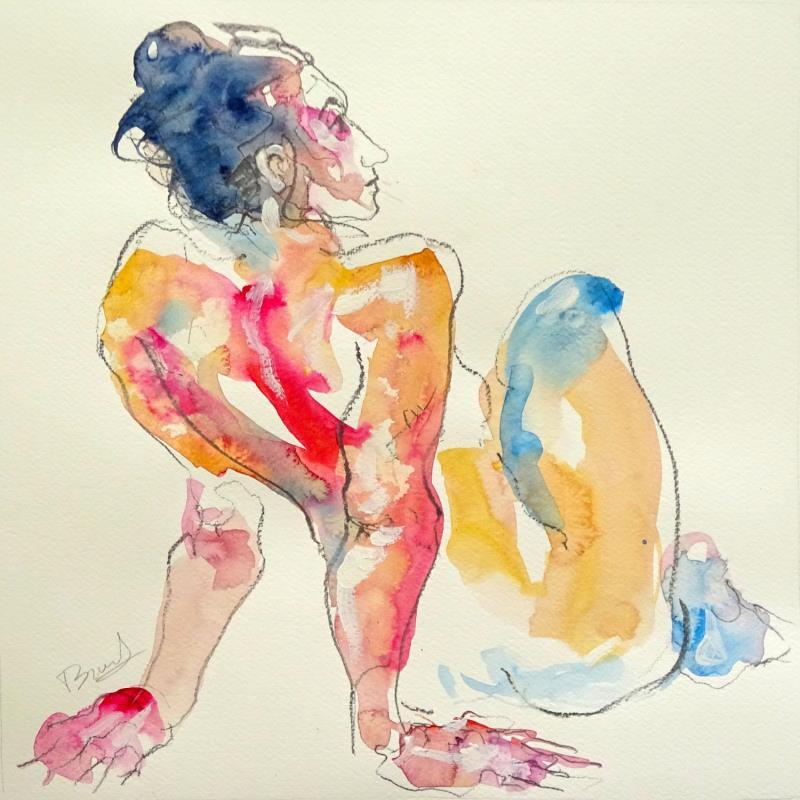 Painting Aurora assise mains au sol by Brunel Sébastien | Painting Figurative Watercolor Nude