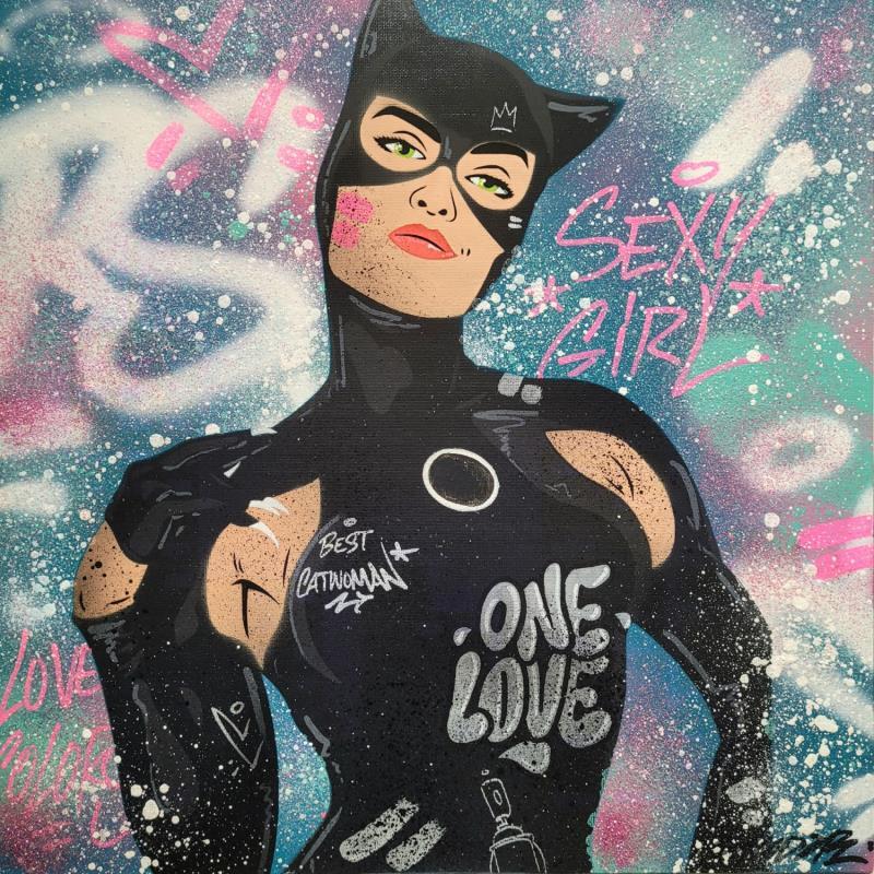 Gemälde Catwoman von Kedarone | Gemälde Pop-Art Pop-Ikonen Graffiti