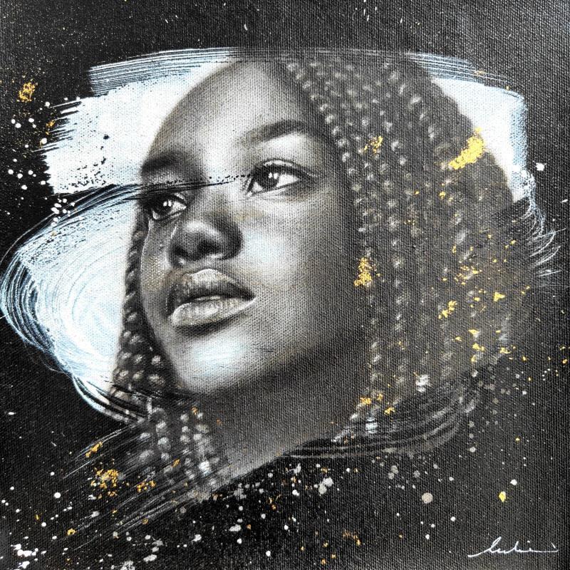 Gemälde Kinshasa  von Valade Leslie | Gemälde Street art Porträt Schwarz & Weiß Acryl Zeichenkohle Blattgold