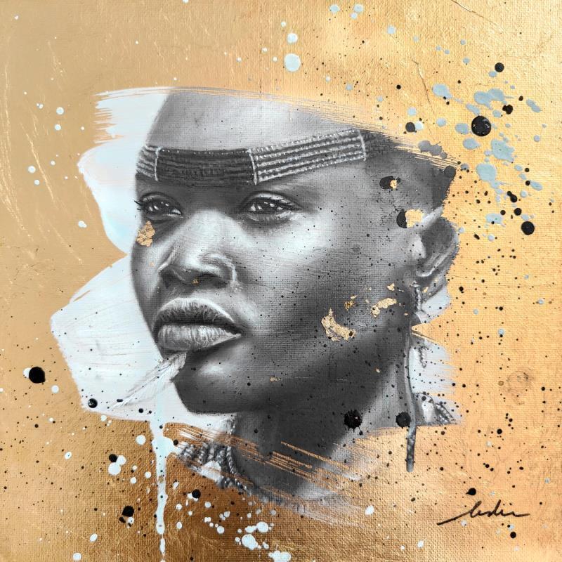 Gemälde Awasa von Valade Leslie | Gemälde Street art Porträt Acryl Zeichenkohle Blattgold