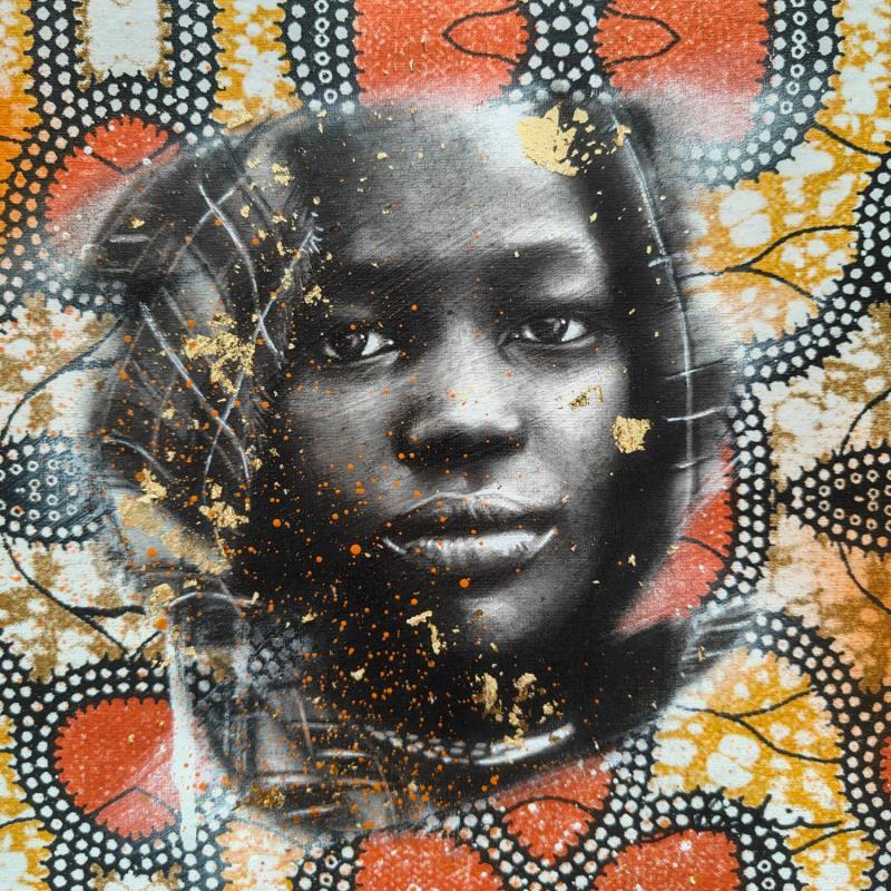 Peinture Yaoundé  par Valade Leslie | Tableau Street Art Acrylique, Feuille d'or, Textile Portraits