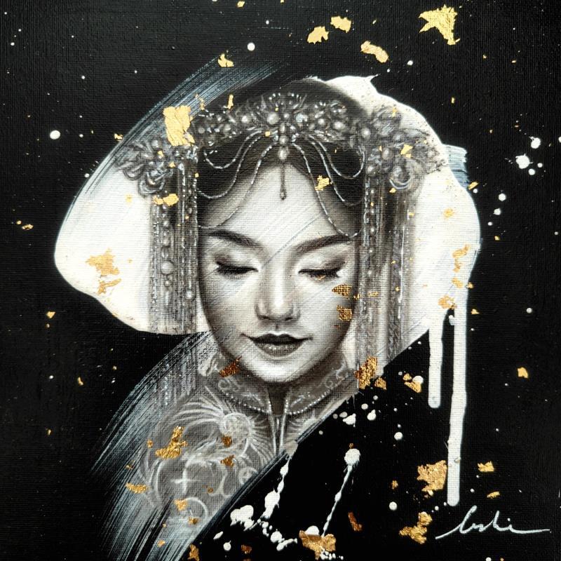 Gemälde Xi'an von Valade Leslie | Gemälde Street art Acryl, Blattgold, Zeichenkohle Porträt, Schwarz & Weiß