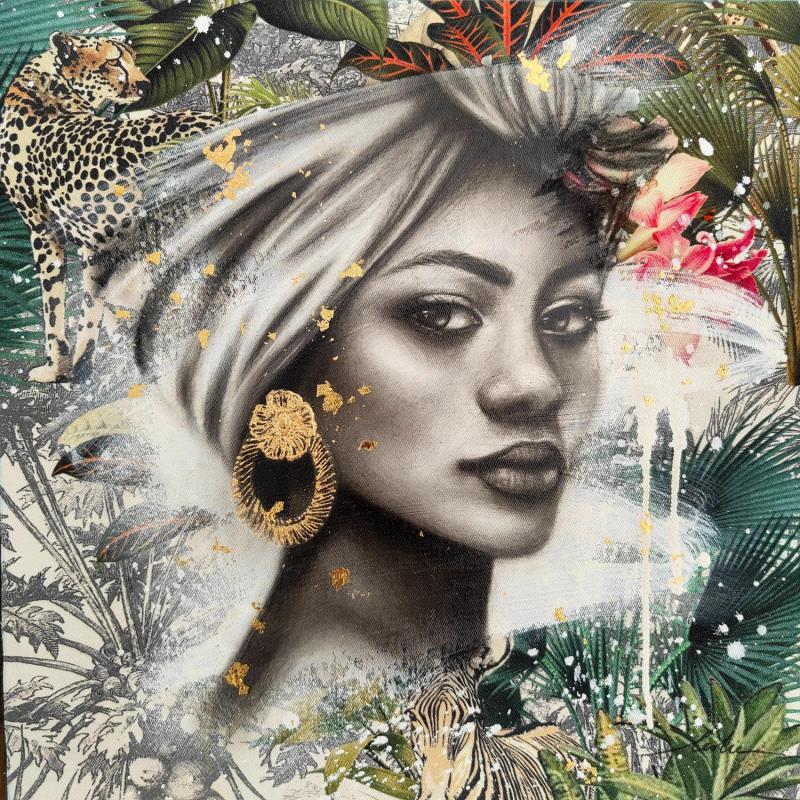 Painting Havana II by Valade Leslie | Painting Street art Acrylic, Charcoal, Gold leaf, Textile Portrait
