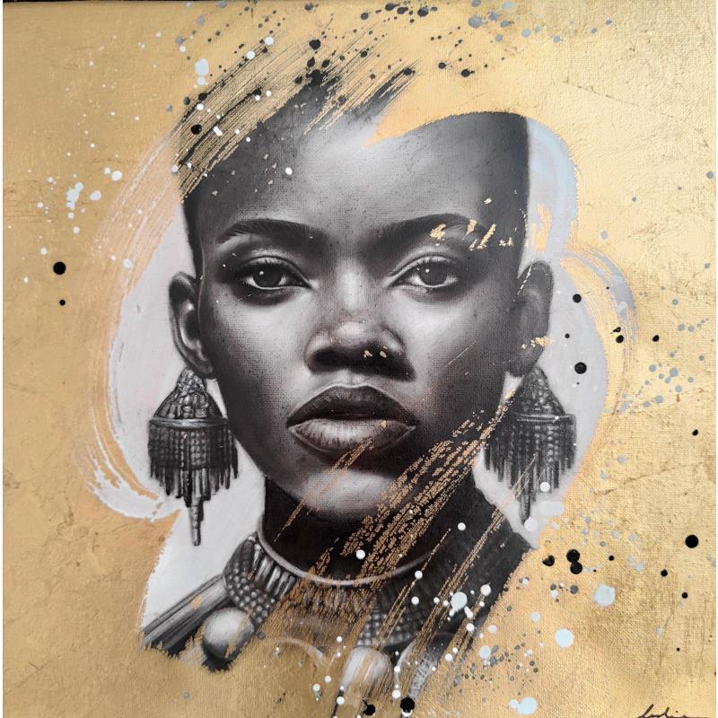 Peinture Samburu par Valade Leslie | Tableau Street Art Acrylique, Feuille d'or, Fusain Portraits