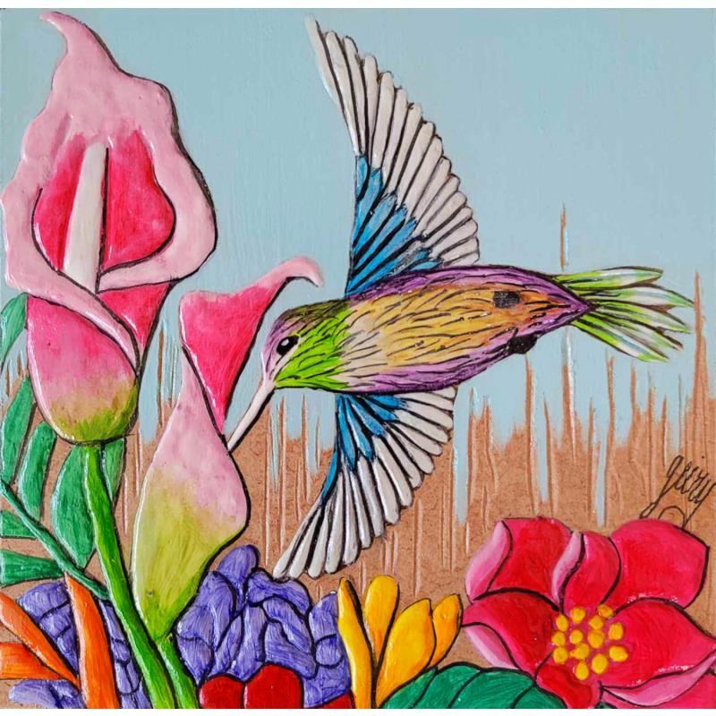 Painting COLIBRI by Geiry | Painting Subject matter Acrylic, Marble powder, Wood Animals, Nature