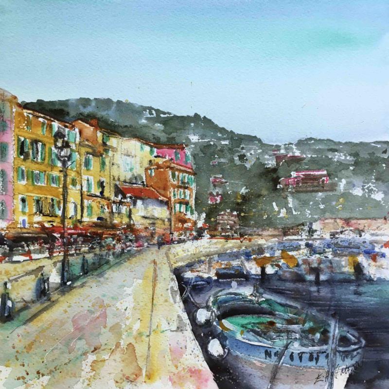 Painting Promenade au port  by Hoffmann Elisabeth | Painting Figurative Urban Watercolor