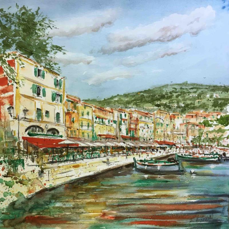 Painting Les terrasses du port  by Hoffmann Elisabeth | Painting Figurative Watercolor Marine