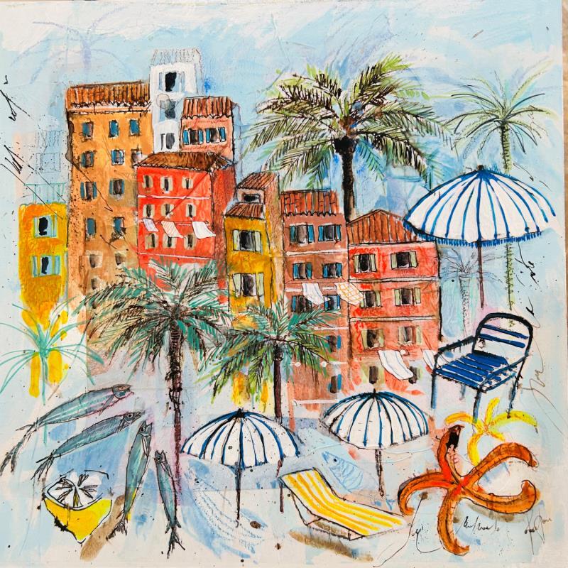 Peinture Farniente sur la riviera par Colombo Cécile | Tableau Figuratif Acrylique, Aquarelle, Bois, Pastel Paysages, Scènes de vie