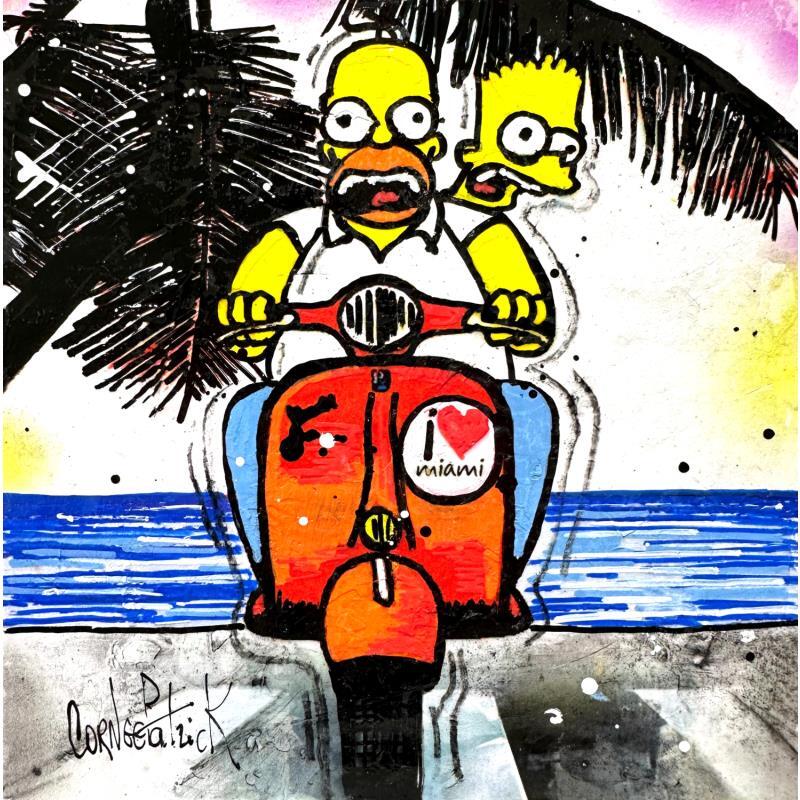Painting Bart et Homer Simpson à Miami by Cornée Patrick | Painting Pop-art Cinema Pop icons Life style