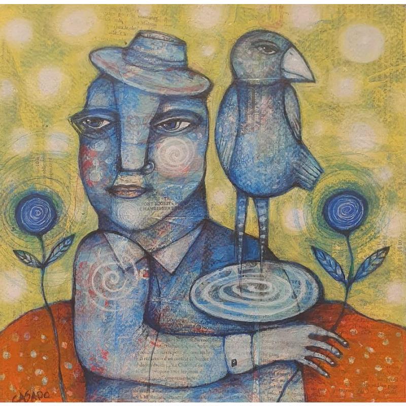 Gemälde Blue bird von Casado Dan  | Gemälde Art brut Tiere Acryl Collage