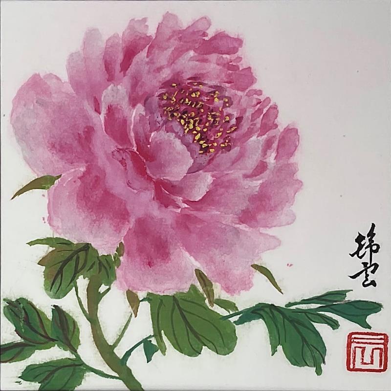 Painting Pivoine rose by Tayun | Painting Figurative Nature Watercolor