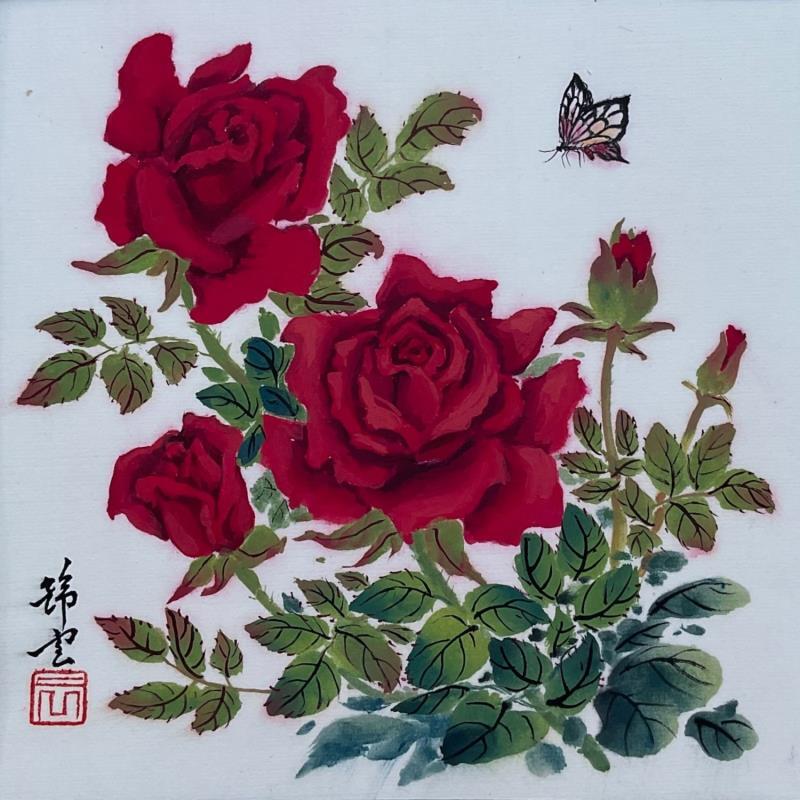 Gemälde Roses et papillon von Tayun | Gemälde Figurativ Natur Aquarell