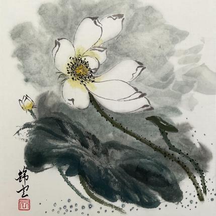 Peinture Lotus Blanc par Tayun | Tableau Figuratif Aquarelle, Encre Nature
