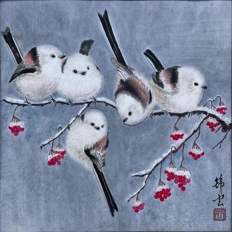 Gemälde Cinq mésanges japonaises von Tayun | Gemälde Figurativ Aquarell Tiere