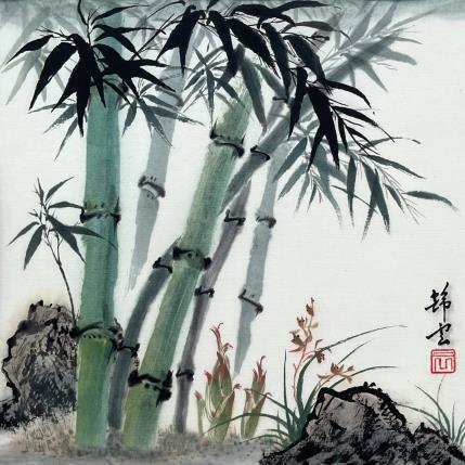Gemälde Bambou et orchidée von Tayun | Gemälde Figurativ Aquarell Natur