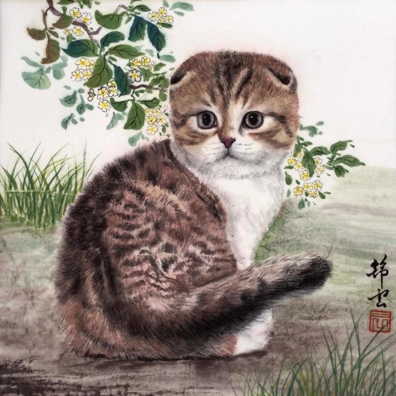 Painting Scottish fold by Tayun | Painting Figurative Animals Watercolor