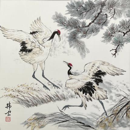 Gemälde Grues qui jouent von Tayun | Gemälde Figurativ Aquarell, Tinte Tiere