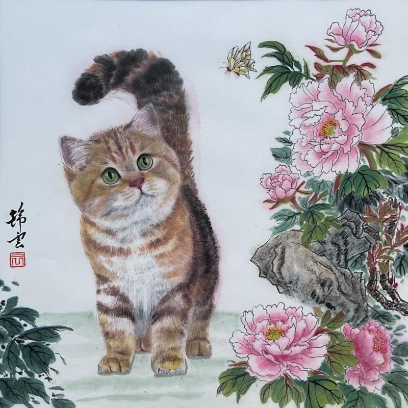Gemälde Chatte et pivoines von Tayun | Gemälde Figurativ Natur Tiere Aquarell