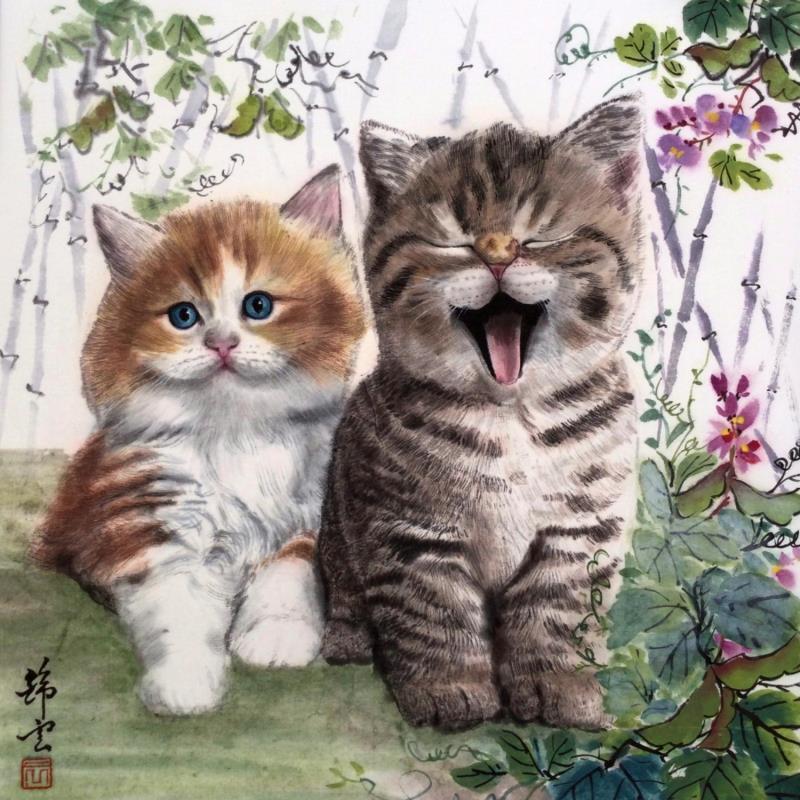 Gemälde Deux chatons von Tayun | Gemälde Figurativ Tiere Aquarell