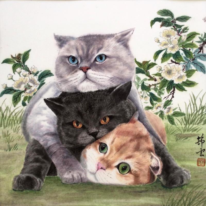 Gemälde Trois chats von Tayun | Gemälde Figurativ Tiere Aquarell