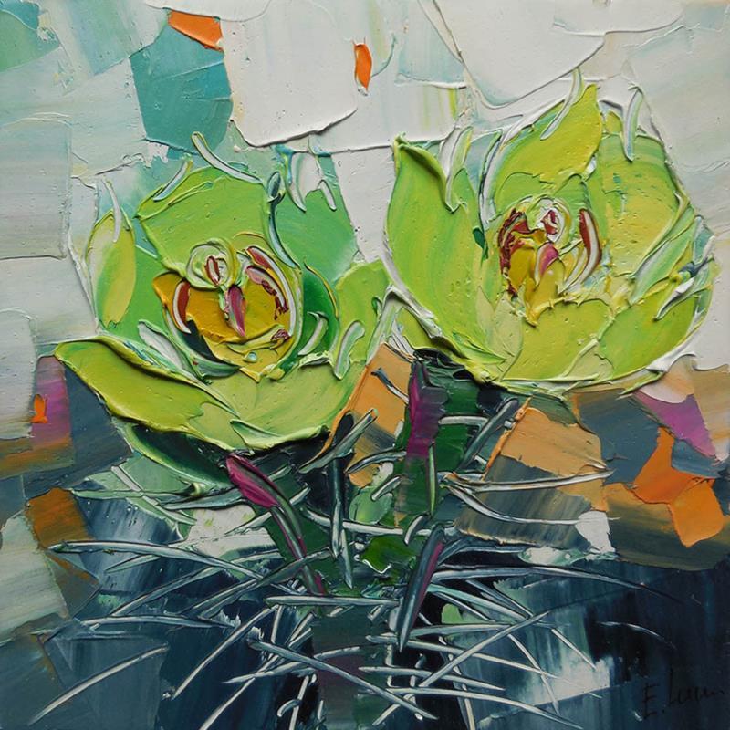 Painting Silver Cholla in bloom by Lunetskaya Elena | Painting Impressionism Landscapes Nature Still-life Cardboard Oil