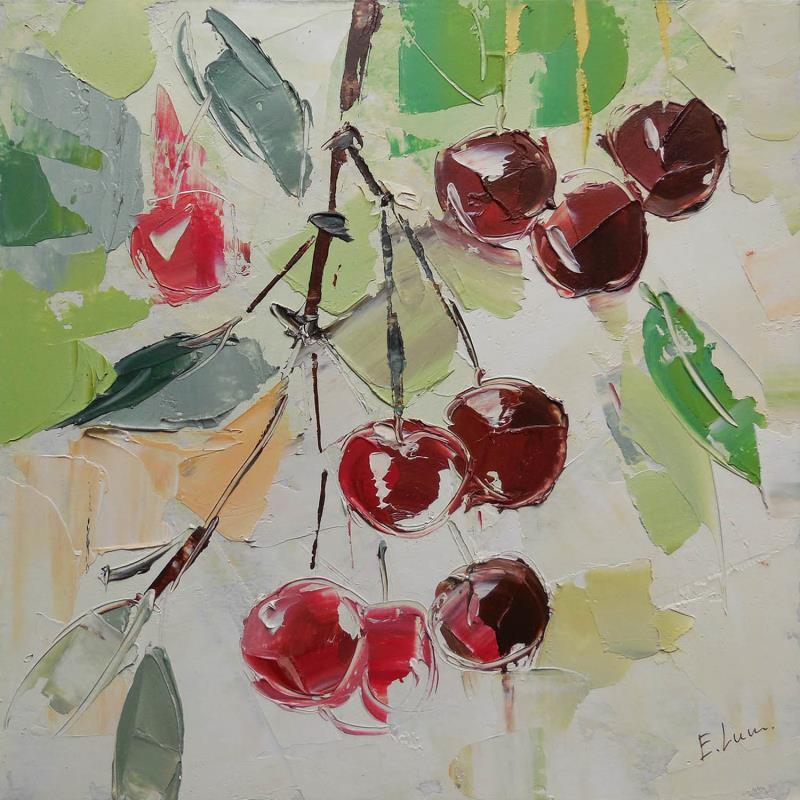 Painting Cherry Branch by Lunetskaya Elena | Painting Figurative Landscapes Nature Minimalist Oil