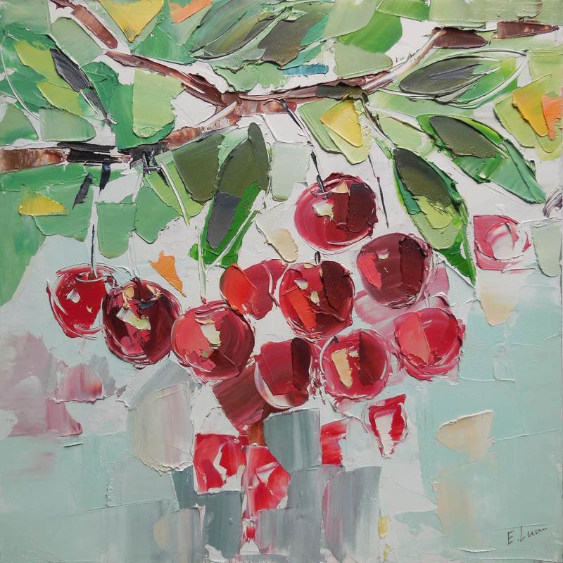 Painting Ripe cherries by Lunetskaya Elena | Painting Figurative Landscapes Nature Minimalist Oil
