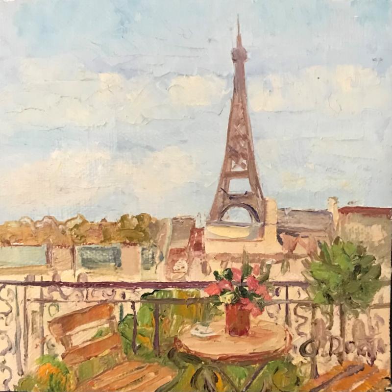 Painting Le petit-déjeuner sur le balcon à Paris by Dontu Grigore | Painting Figurative Urban Oil