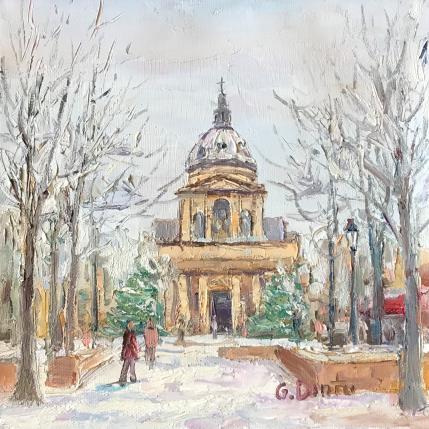 Peinture Place de la Sorbonne en l'hiver par Dontu Grigore | Tableau Figuratif Huile Urbain