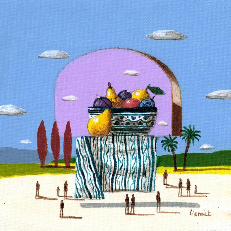 Gemälde Coupe de fruits au tissu von Lionnet Pascal | Gemälde Surrealismus Landschaften Alltagsszenen Stillleben Acryl