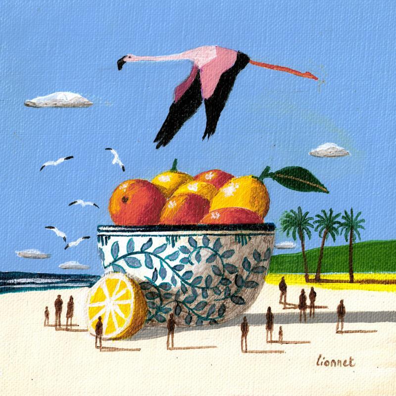 Painting Flamant rose et coupe de fruits by Lionnet Pascal | Painting Surrealism Acrylic Animals, Marine, Still-life