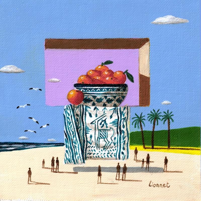 Gemälde Orange sur la plage von Lionnet Pascal | Gemälde Surrealismus Marine Alltagsszenen Stillleben Acryl