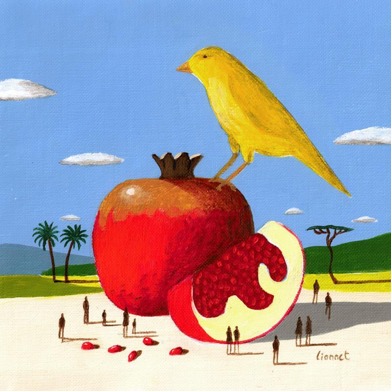 Painting Canari sur une grenade by Lionnet Pascal | Painting Surrealism Acrylic Animals, Life style, Nature, Pop icons