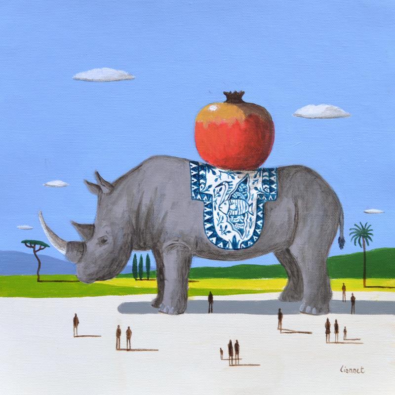 Peinture Rhinocéros à la grenade par Lionnet Pascal | Tableau Surréalisme Paysages Scènes de vie Animaux Acrylique