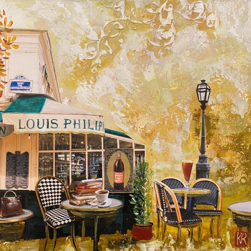 Painting Quai de l'hôtel de ville  by Romanelli Karine | Painting Figurative Acrylic, Gluing, Gold leaf, Pastel, Posca Life style, Urban