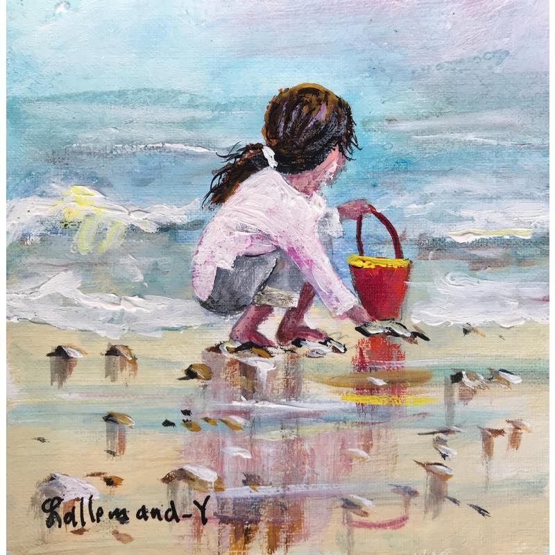Peinture Petite fille jouant avec le sable par Lallemand Yves | Tableau Figuratif Acrylique Marine, Scènes de vie