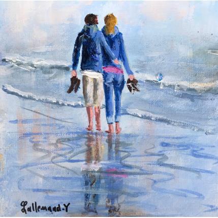 Peinture Amoureux se promenant sur la plage par Lallemand Yves | Tableau Figuratif Acrylique Marine, Scènes de vie