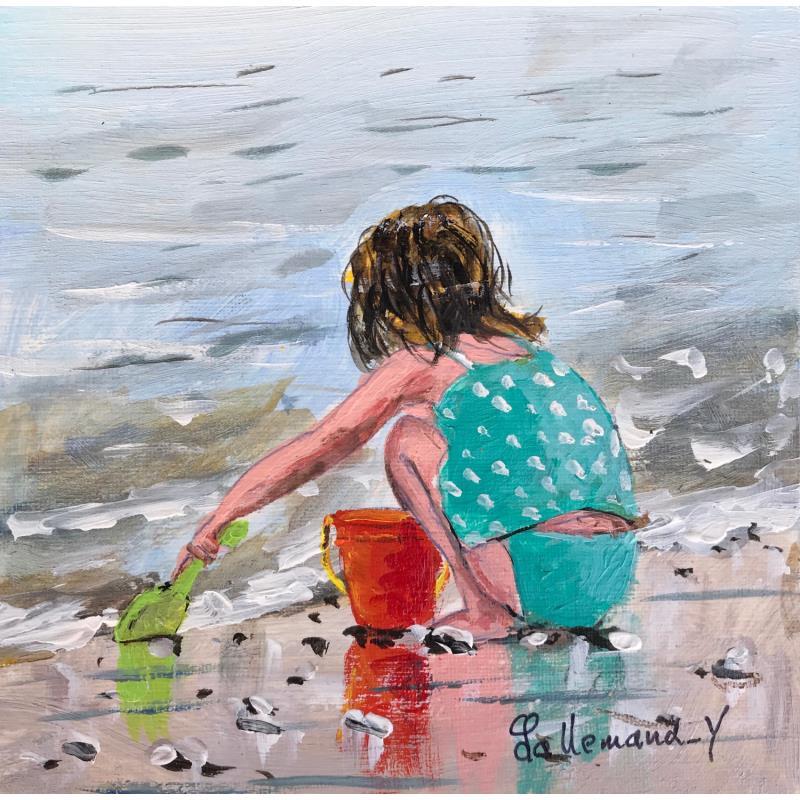 Painting Petite fille jouant sur la plage by Lallemand Yves | Painting Figurative Acrylic Life style, Marine