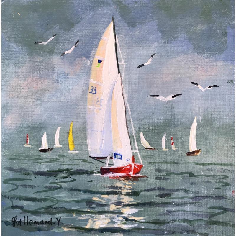 Gemälde Voiliers et mouettes von Lallemand Yves | Gemälde Figurativ Marine Sport Acryl