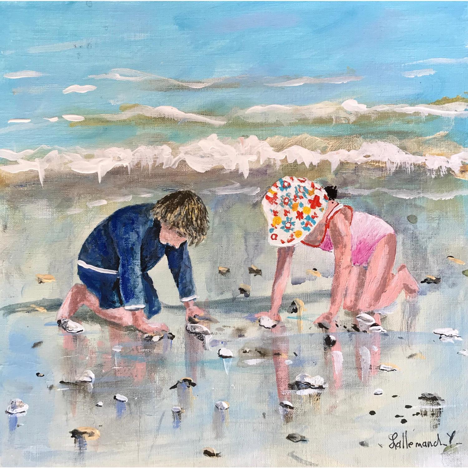 ▷ Peinture Enfants se promenant sur la plage par Lallemand Yves