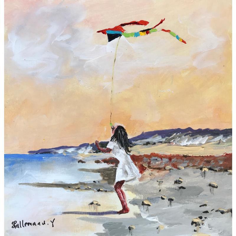 Painting Petite fille et cerf volant by Lallemand Yves | Painting Figurative Acrylic Marine