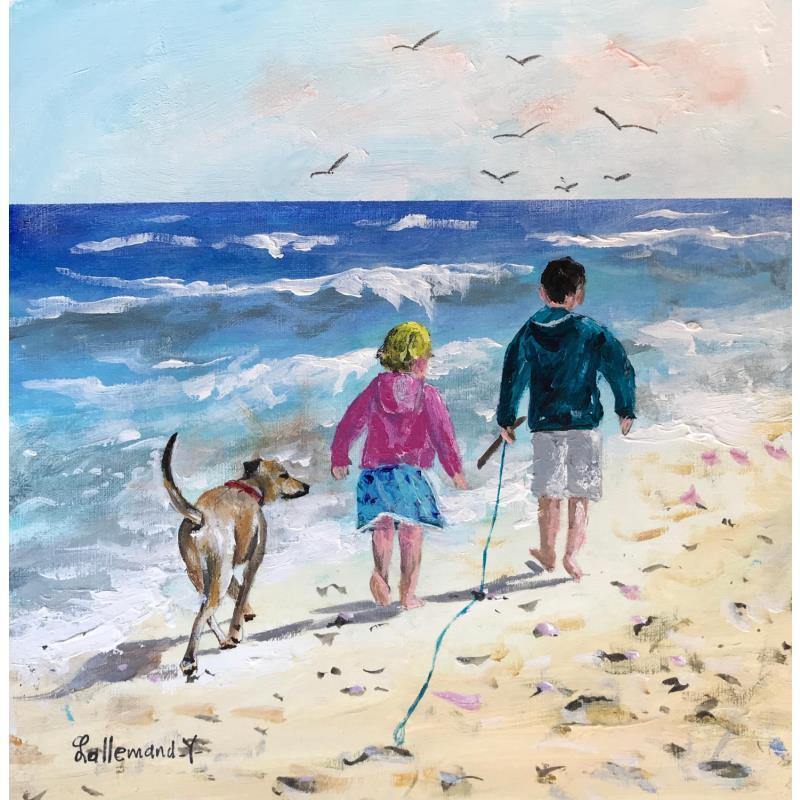 Painting Enfants se promenant sur la plage by Lallemand Yves | Painting Figurative Acrylic Child, Marine