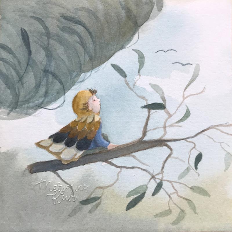 Painting Chouette Alex by Fleur Marjoline  | Painting Naive art Watercolor Child, Nature