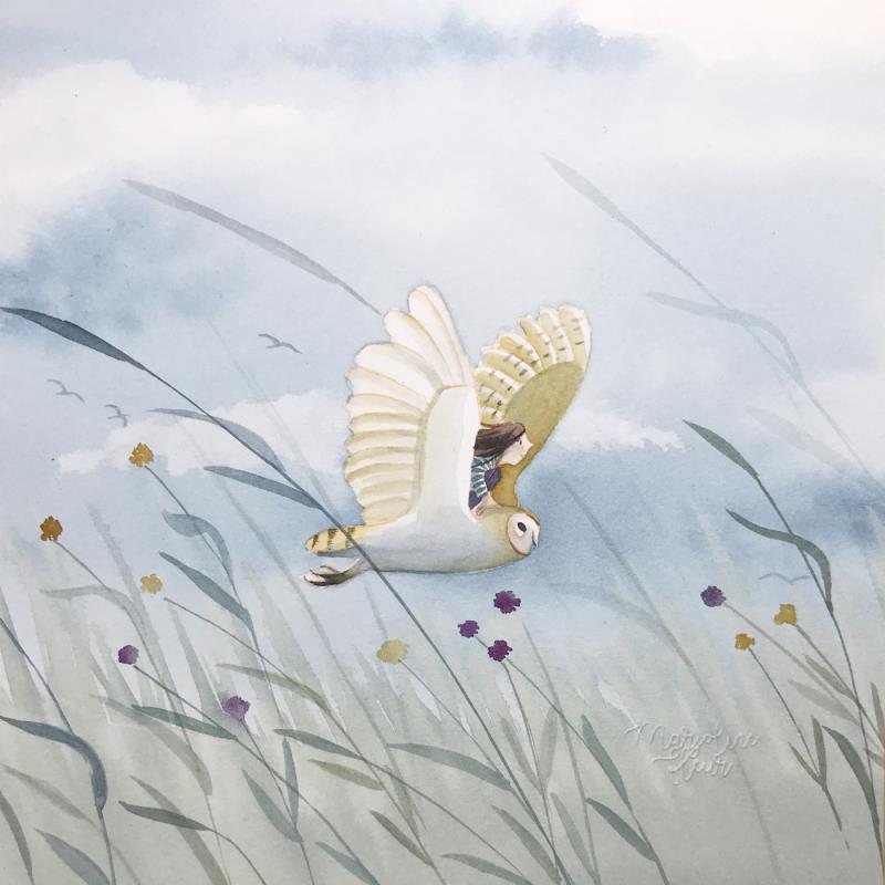 Gemälde L'avion chouette von Marjoline Fleur | Gemälde Naive Kunst Natur Tiere Kinder Aquarell