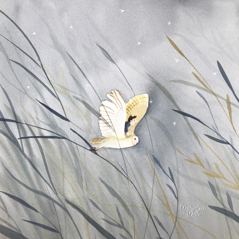Peinture Chouette aventure par Marjoline Fleur | Tableau Art naïf Aquarelle Animaux, Enfant, Nature