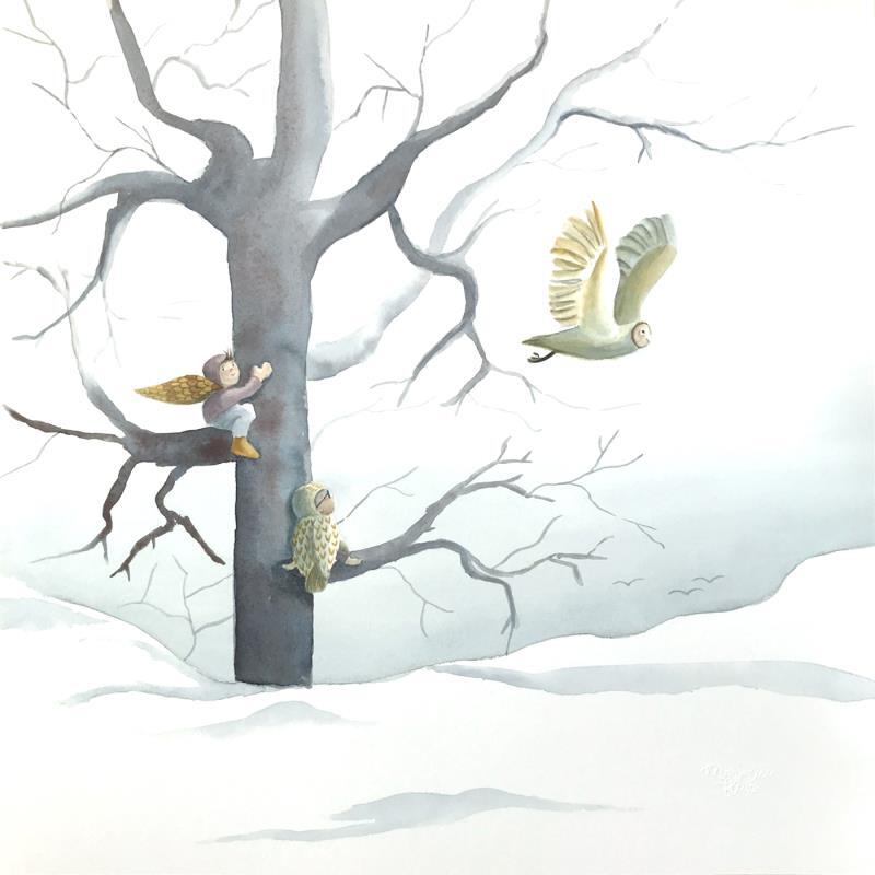 Gemälde L'arbre à chouettes von Marjoline Fleur | Gemälde Naive Kunst Aquarell Kinder, Natur, Tiere