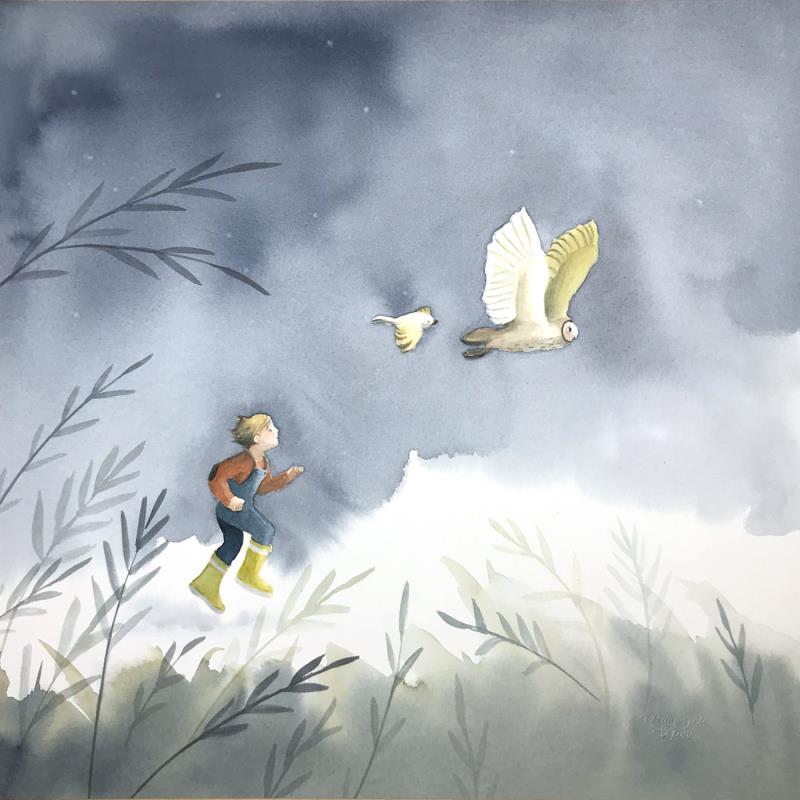 Peinture Chouette course par Marjoline Fleur | Tableau Art naïf Nature Animaux Enfant Aquarelle