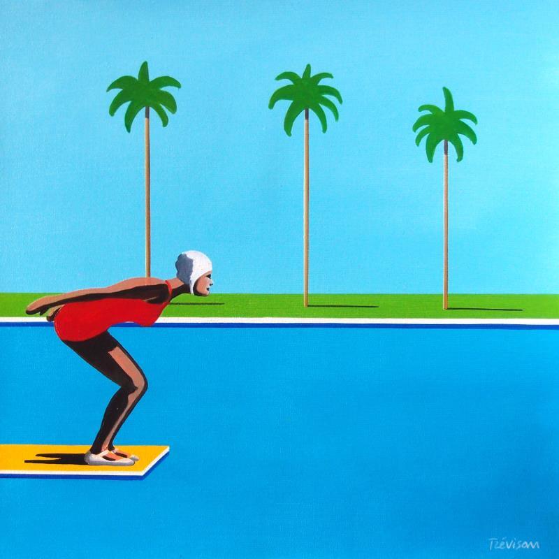 Painting Three palms and red suit by Trevisan Carlo | Painting Surrealism Marine Sport Architecture Oil